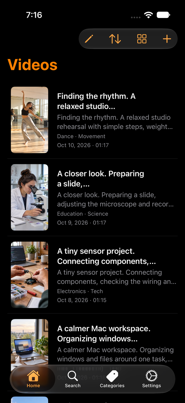 VideoScript video library, with portrait thumbnails and grid and list controls.