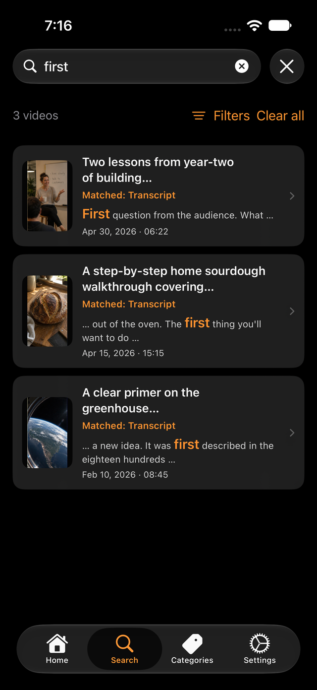 VideoScript Search showing videos that match a search for first, with transcript excerpts and filters.